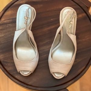 BCBGeneration Beige & Gold Satin Open Toe Pumps